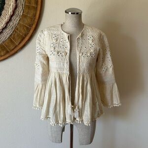 ZARA Jacket Top XS Ivory Tasselled Pom Pom Mirrored Embroidered FairyCore Boho
